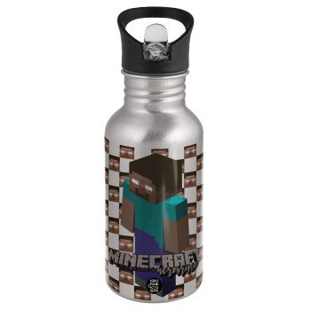 Minecraft herobrine, Water bottle Silver with straw, stainless steel 500ml