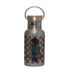 Stainless steel metallic thermos flask, silver with a bamboo lid, double-walled, 350ml.