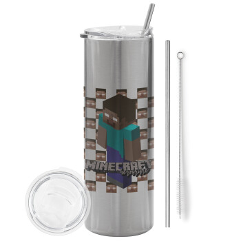 Minecraft herobrine, Eco friendly stainless steel Silver tumbler 600ml, with metal straw & cleaning brush