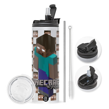 Minecraft herobrine, Travel Tumbler θερμό με διπλό καπάκι, μεταλλικό καλαμάκι και βούρτσα καθαρισμού (Ανωξείδωτο 304 Food grade, BPA free, 600ml)