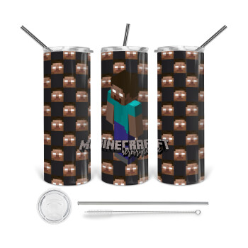 Minecraft herobrine, Tumbler ποτήρι θερμό από ανοξείδωτο ατσάλι 600ml, με μεταλλικό καλαμάκι & βούρτσα καθαρισμού