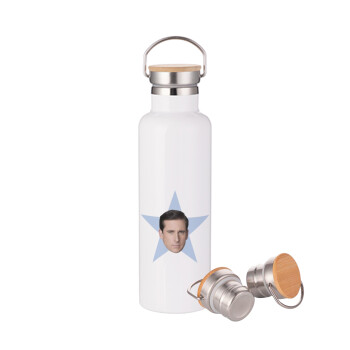 michael the office star, Μεταλλικό παγούρι θερμός (Stainless steel) Λευκό με ξύλινο καπακι (bamboo), διπλού τοιχώματος, 750ml