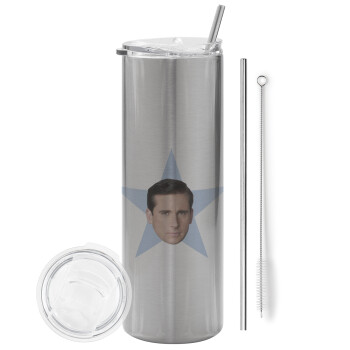 michael the office star, Eco friendly ποτήρι θερμό Ασημένιο (tumbler) από ανοξείδωτο ατσάλι 600ml, με μεταλλικό καλαμάκι & βούρτσα καθαρισμού