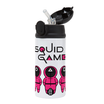 The squid game characters, Children's hot water bottle, stainless steel, with safety straw, Black (360ml) BPA-FREE