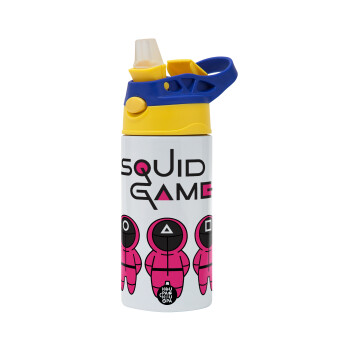 The squid game characters, Children's hot water bottle, stainless steel, with safety straw, green, blue (360ml) BPA FREE