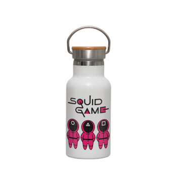 The squid game characters, Metallic thermos (Stainless steel) White with wooden lid (bamboo), double-walled, 350ml