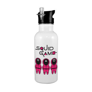The squid game characters, White water bottle with straw, stainless steel 600ml