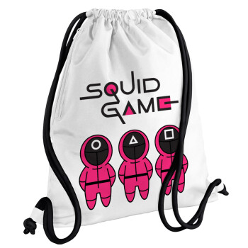 The squid game characters, Τσάντα πλάτης πουγκί GYMBAG λευκή, με τσέπη (40x48cm) & χονδρά κορδόνια