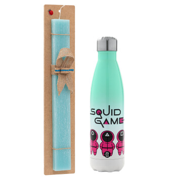 The squid game characters, Easter Set, Metallic green/white thermos (Stainless steel), double-walled, 500ml & scented flat Easter candle (30cm) (TURQUOISE)