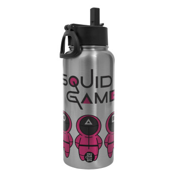 The squid game characters, Metal mug thermo Silver with Straw and Spout Lid (Stainless steel), double wall, 950ml