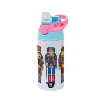 Christmas Nutcrackers, Children's hot water bottle, stainless steel, with safety straw, Pink/BlueCiel (360ml) BPA FREE