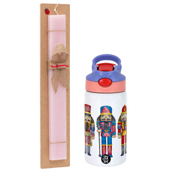 Christmas Nutcrackers, Easter Set, Children's thermal stainless steel water bottle with safety straw, pink/purple (350ml) & Easter scented flat candle (30cm) (PINK)