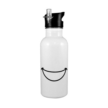 Big Smile, White water bottle with straw, stainless steel 600ml