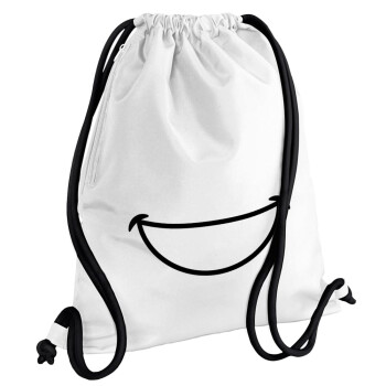 Χαμογέλα, Τσάντα πλάτης πουγκί GYMBAG λευκή, με τσέπη (40x48cm) & χονδρά κορδόνια