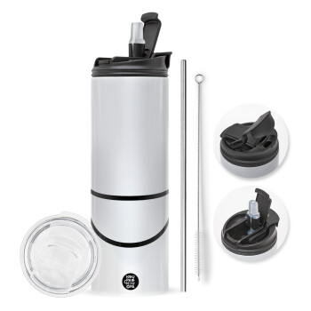 Big Smile, Travel Tumbler 2 Lids, with metal straw & cleaning brush (Stainless steel 304 Food grade, BPA free, 600ml)