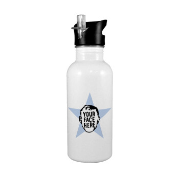 The office star CUSTOM, White water bottle with straw, stainless steel 600ml