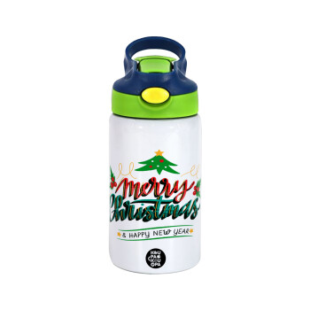 Merry Christmas green, Children's hot water bottle, stainless steel, with safety straw, green, blue (350ml)