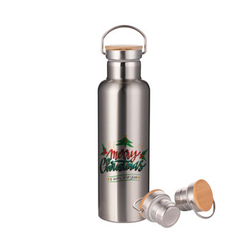 Merry Christmas green, Stainless steel Silver with wooden lid (bamboo), double wall, 750ml