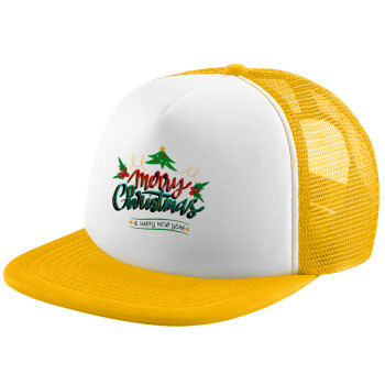 Merry Christmas green, Καπέλο Ενηλίκων Soft Trucker με Δίχτυ Κίτρινο/White (POLYESTER, ΕΝΗΛΙΚΩΝ, UNISEX, ONE SIZE)