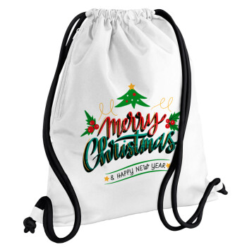 Merry Christmas green, Τσάντα πλάτης πουγκί GYMBAG λευκή, με τσέπη (40x48cm) & χονδρά κορδόνια