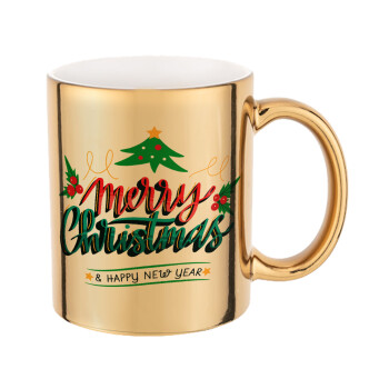 Merry Christmas green, Mug ceramic, gold mirror, 330ml