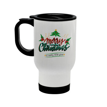 Merry Christmas green, Stainless steel travel mug with lid, double wall white 450ml