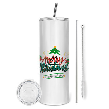 Merry Christmas green, Eco friendly ποτήρι θερμό (tumbler) από ανοξείδωτο ατσάλι 600ml, με μεταλλικό καλαμάκι & βούρτσα καθαρισμού