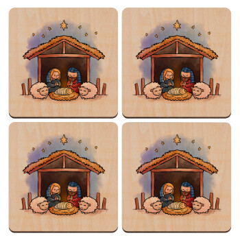 Nativity Jesus, ΣΕΤ x4 Σουβέρ ξύλινα τετράγωνα plywood (9cm)