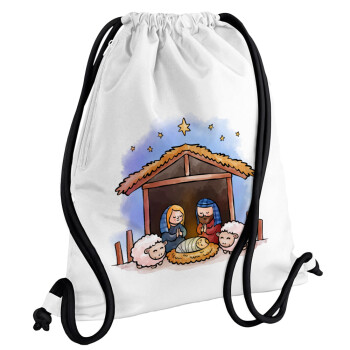 Nativity Jesus, Τσάντα πλάτης πουγκί GYMBAG λευκή, με τσέπη (40x48cm) & χονδρά κορδόνια