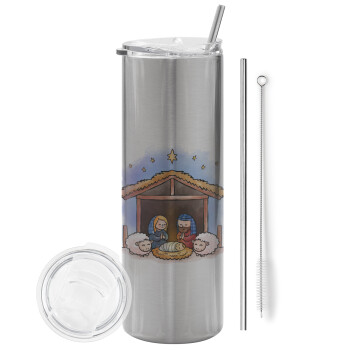 Nativity Jesus, Eco friendly stainless steel Silver tumbler 600ml, with metal straw & cleaning brush