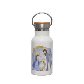 Nativity Jesus watercolor, Metallic thermos (Stainless steel) White with wooden lid (bamboo), double-walled, 350ml