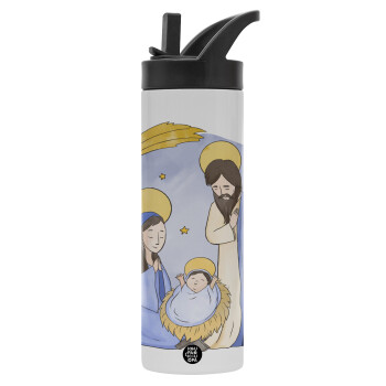 Nativity Jesus watercolor, Metallic thermos bottle with straw & handle, stainless steel (Stainless steel 304), double-walled, 600ml.