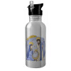 Water bottle Silver with straw, stainless steel 600ml