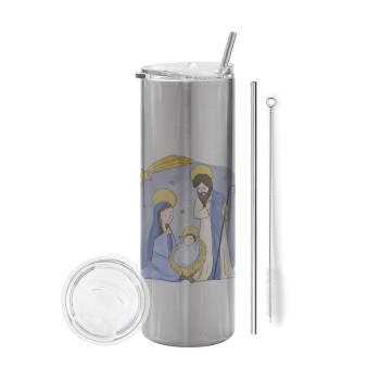 Nativity Jesus watercolor, Eco friendly stainless steel Silver tumbler 600ml, with metal straw & cleaning brush