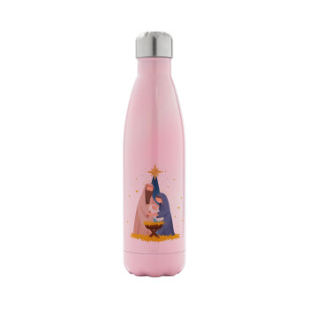 Nativity Jesus Joseph and Mary, Metal mug thermos Pink Iridiscent (Stainless steel), double wall, 500ml