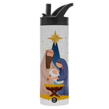 Nativity Jesus Joseph and Mary, Metallic thermos bottle with straw & handle, stainless steel (Stainless steel 304), double-walled, 600ml.