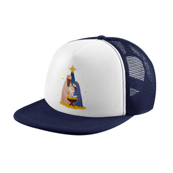 Nativity Jesus Joseph and Mary, Adult Soft Trucker Hat with Dark Blue/White Mesh (POLYESTER, ADULT, UNISEX, ONE SIZE)