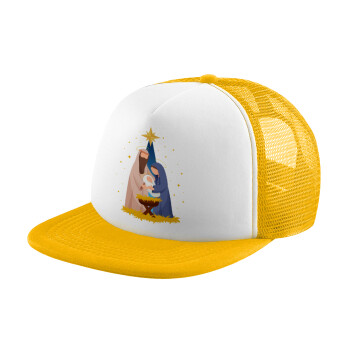 Nativity Jesus Joseph and Mary, Adult Soft Trucker Hat with Yellow/White Mesh (POLYESTER, ADULT, UNISEX, ONE SIZE)