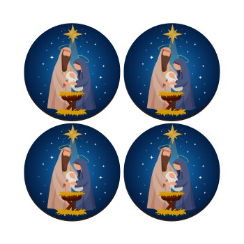 Nativity Jesus Joseph and Mary, SET of 4 round wooden coasters (9cm)