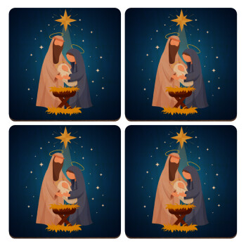 Nativity Jesus Joseph and Mary, ΣΕΤ x4 Σουβέρ ξύλινα τετράγωνα plywood (9cm)