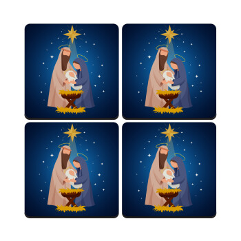 Nativity Jesus Joseph and Mary, ΣΕΤ 4 Σουβέρ ξύλινα τετράγωνα (9cm)
