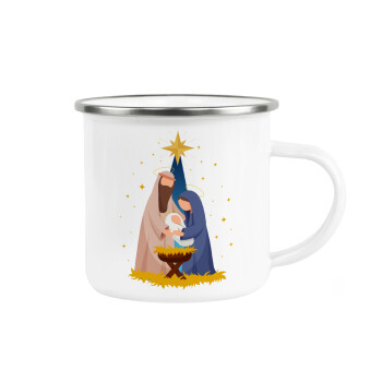 Nativity Jesus Joseph and Mary, Metallic enamel cup white 360ml