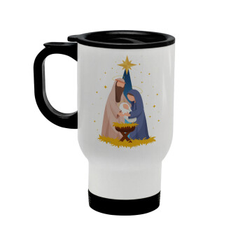 Nativity Jesus Joseph and Mary, Stainless steel travel mug with lid, double wall white 450ml