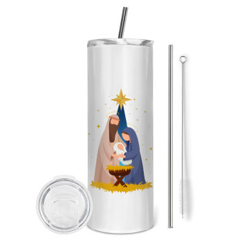 Nativity Jesus Joseph and Mary, Eco friendly stainless steel tumbler 600ml, with metal straw & cleaning brush