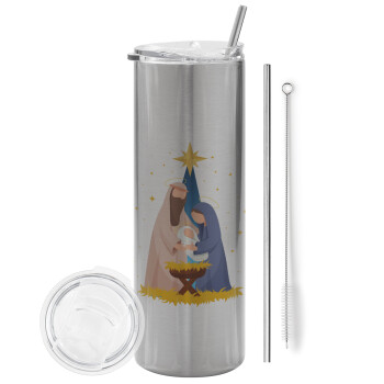 Nativity Jesus Joseph and Mary, Eco friendly stainless steel Silver tumbler 600ml, with metal straw & cleaning brush