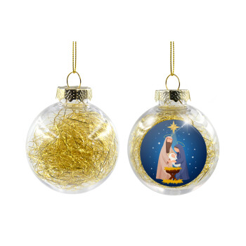 Nativity Jesus Joseph and Mary, Transparent Christmas tree ball ornament with gold filling 8cm