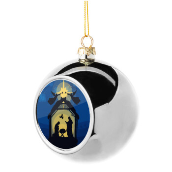 Nativity Jesus manger, Silver 8cm Christmas tree ball ornament