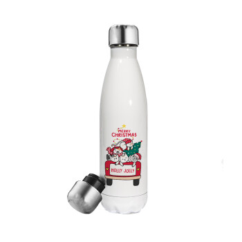 Merry Christmas cats in car, Metal mug thermos White (Stainless steel), double wall, 500ml