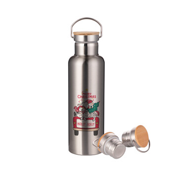 Merry Christmas cats in car, Stainless steel Silver with wooden lid (bamboo), double wall, 750ml