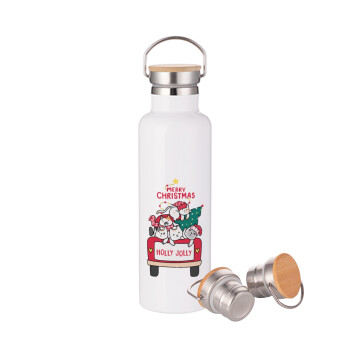 Merry Christmas cats in car, Stainless steel White with wooden lid (bamboo), double wall, 750ml